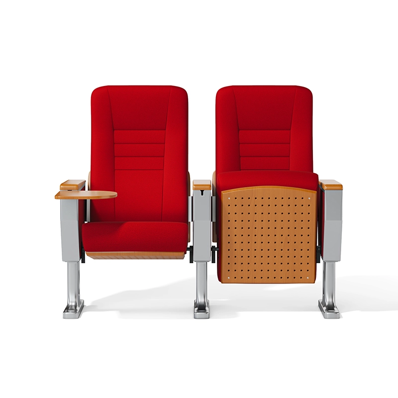 Auditorium chair with cup holder integrated into armrest for beverage storage.