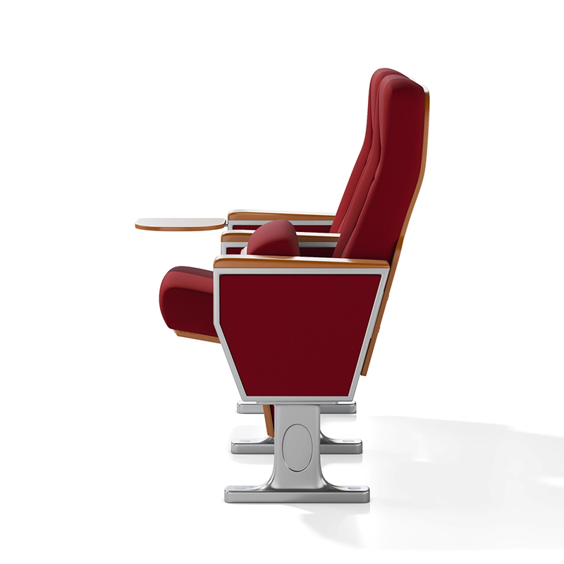 Auditorium chair with cup holder integrated into armrest for beverage storage.