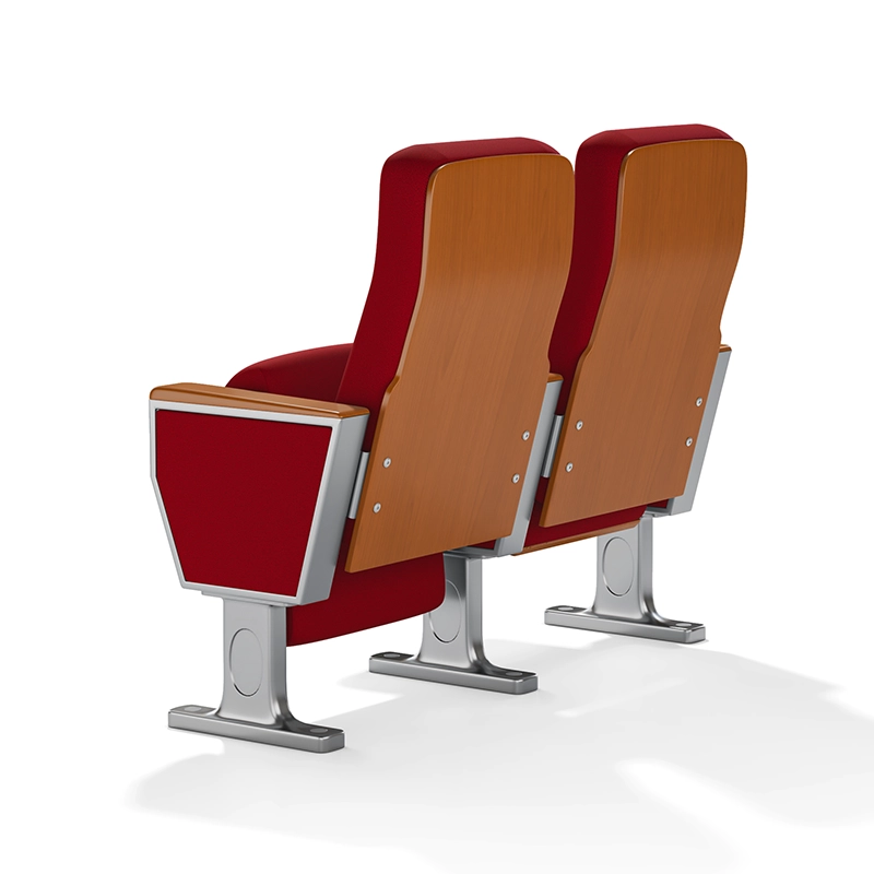 Auditorium chair with cup holder integrated into armrest for beverage storage.