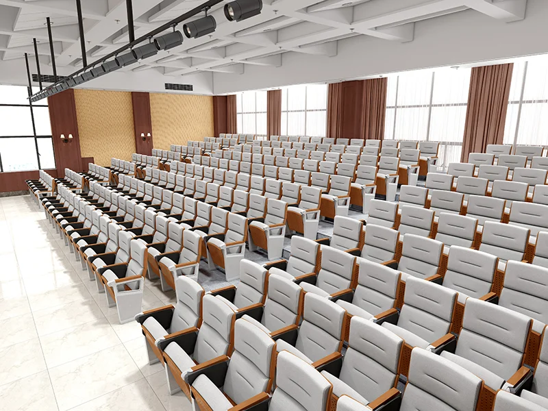 auditorium-chair-lift-up-seat Lift up seat auditorium chair for row spacing access in tight configuration.