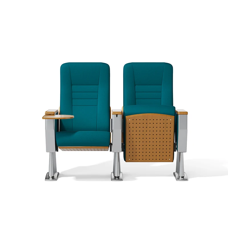 Perforated back auditorium chair for enhanced sound absorption in concert hall.