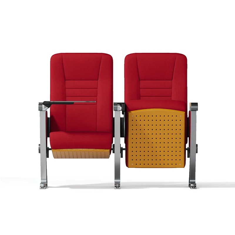 Performing arts center auditorium chair with acoustic friendly fabric cover.
