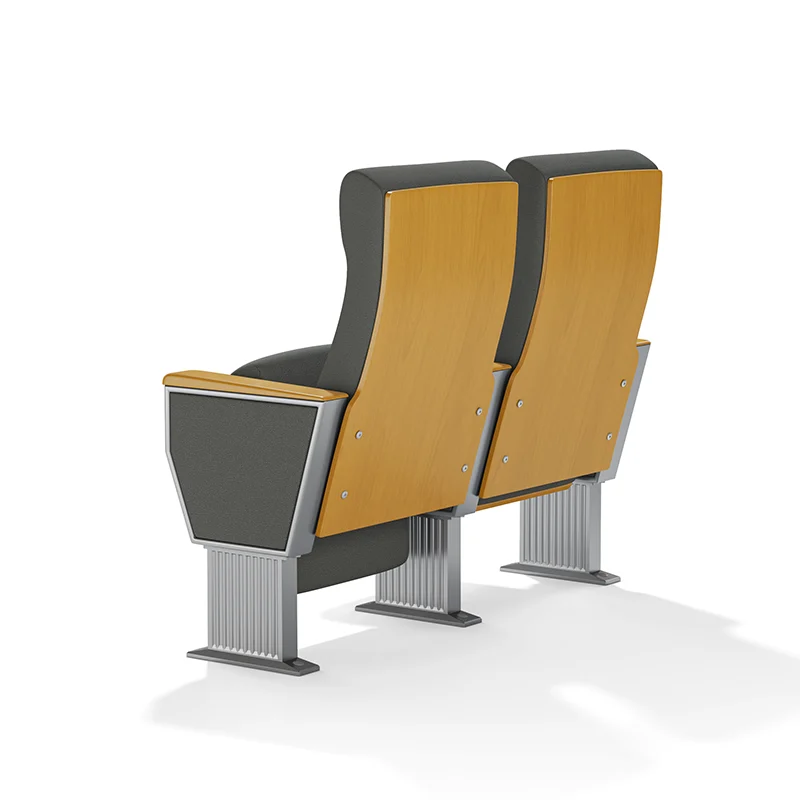 Plywood shell auditorium chair with natural wood grain for acoustic performance.