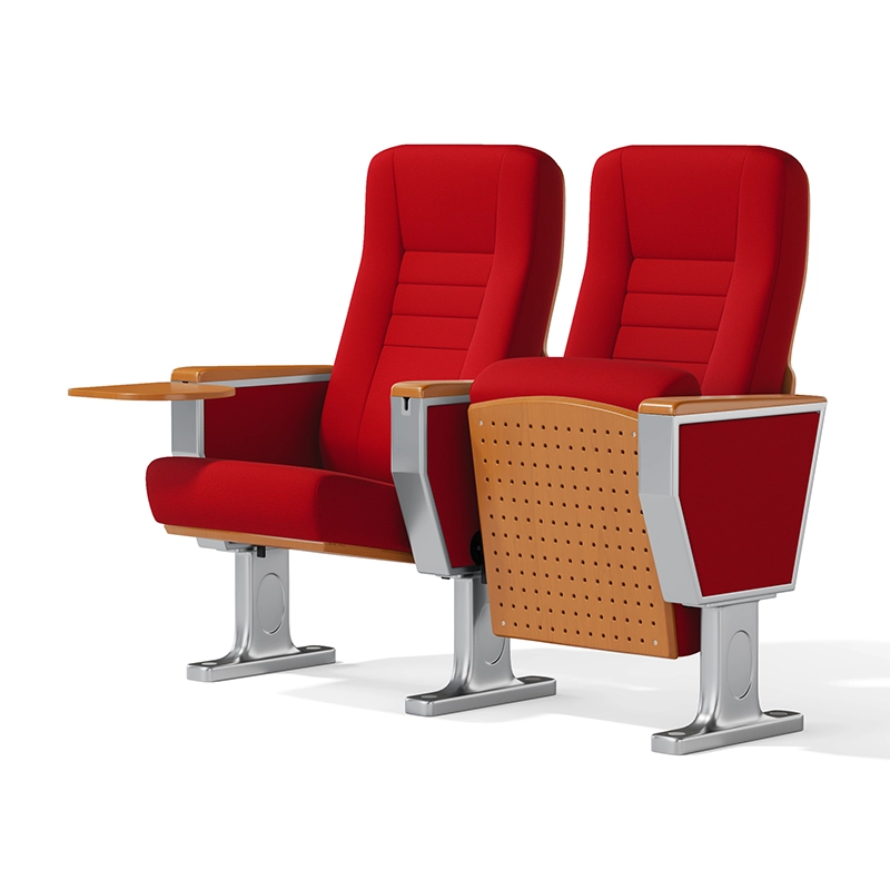 Auditorium chair with cup holder integrated into armrest for beverage storage.