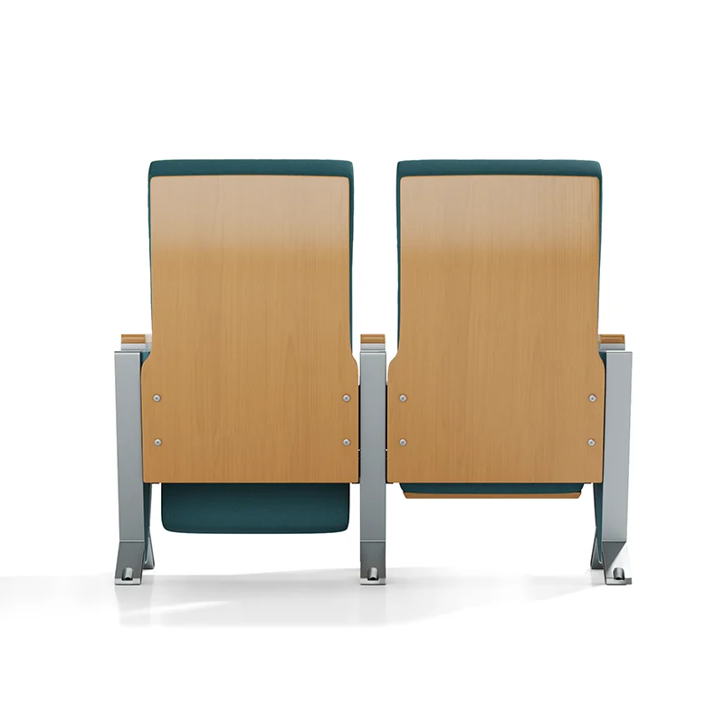 Auditorium chair with row label holder for easy seat finding system.