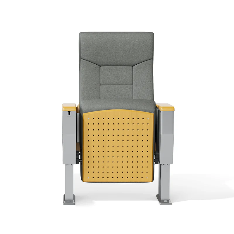Auditorium chair with book rack underneath seat for school and library use.