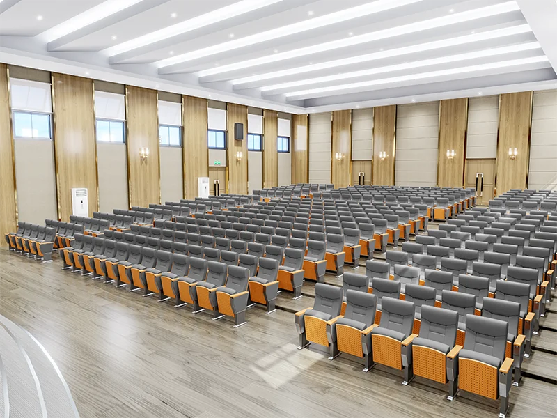 Auditorium chair with book rack underneath seat for school and library use.