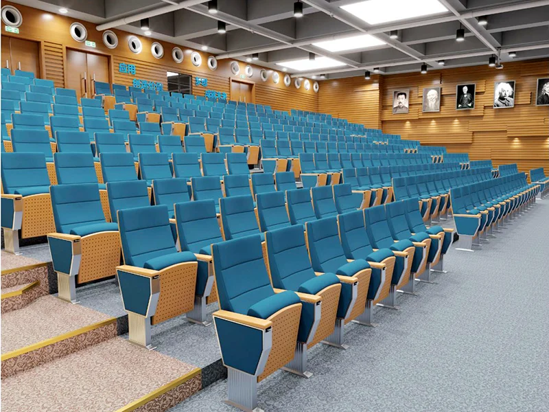 Auditorium chair with book rack underneath seat for school and library use.
