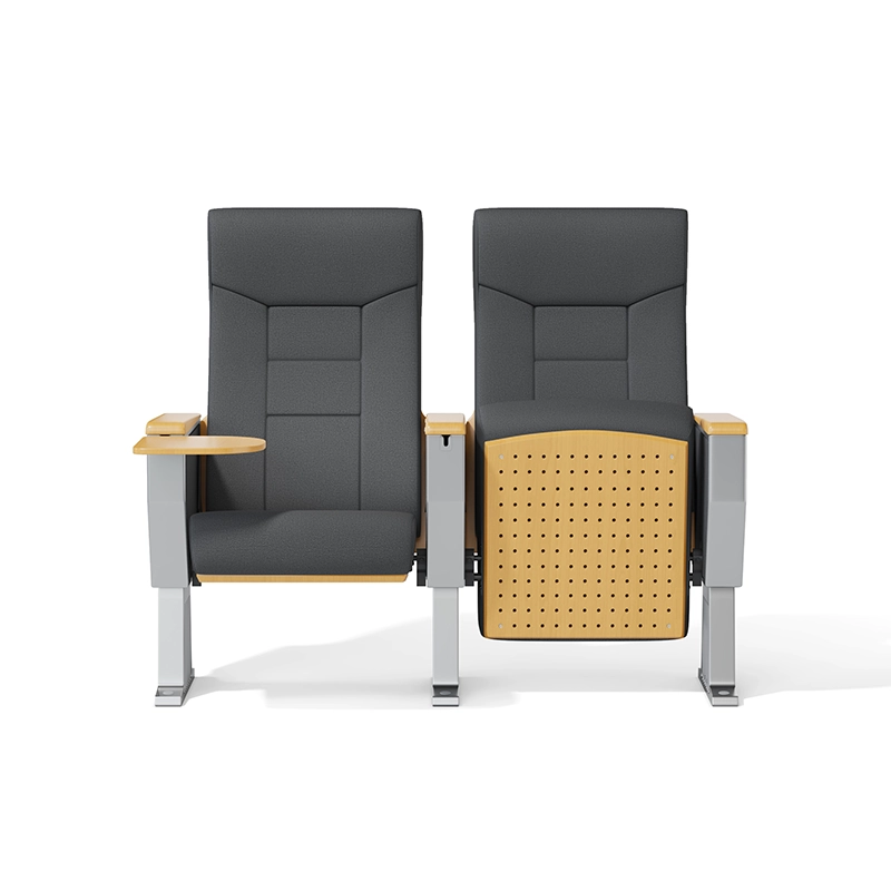 Auditorium chair with foldable writing tablet for lecture hall and exam room use.