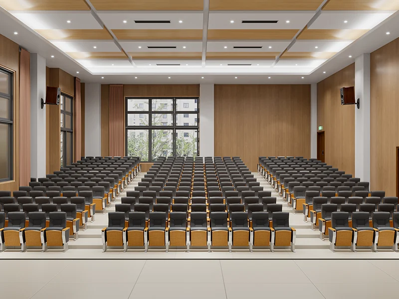 Auditorium chair with foldable writing tablet for lecture hall and exam room use.