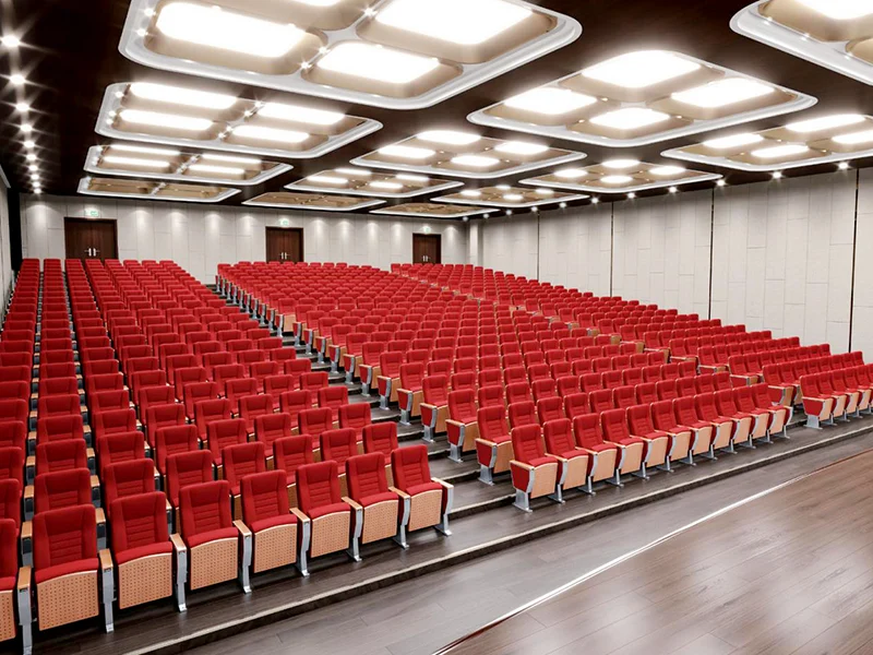 Auditorium chair with foldable writing tablet for lecture hall and exam room use.