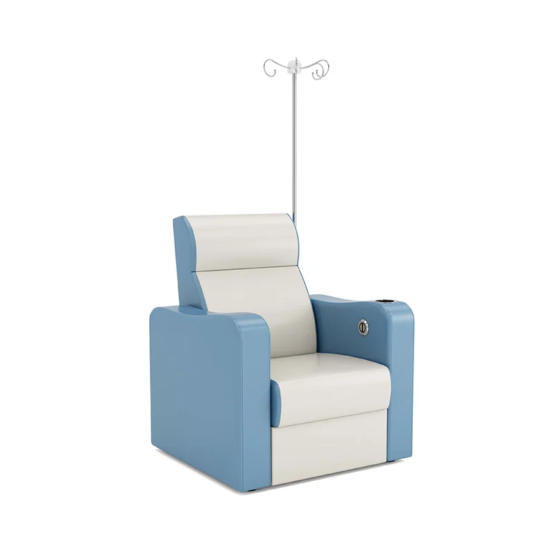 clinic infusion chair in blue pu upholstery with matching stitch detail and anti-bacterial coating.