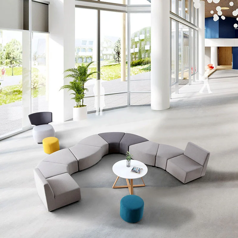 fabric modular seating for memory care unit with calming colors and rounded corners for dementia patient safety