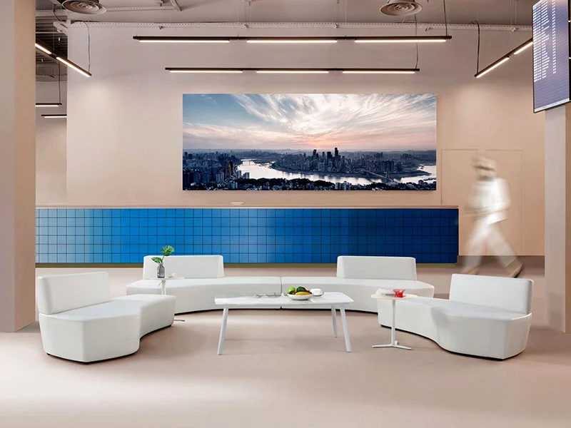 fabric nap sofa for office wellness room with flat reclining position and privacy headrest for power naps