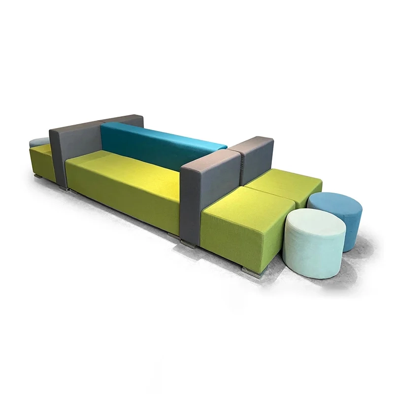 fabric puzzle seating cluster for commercial indoor space with interlocking pieces for creative lounge zones