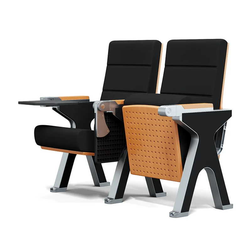 Auditorium chair with wider aisle arm for end of row installation.