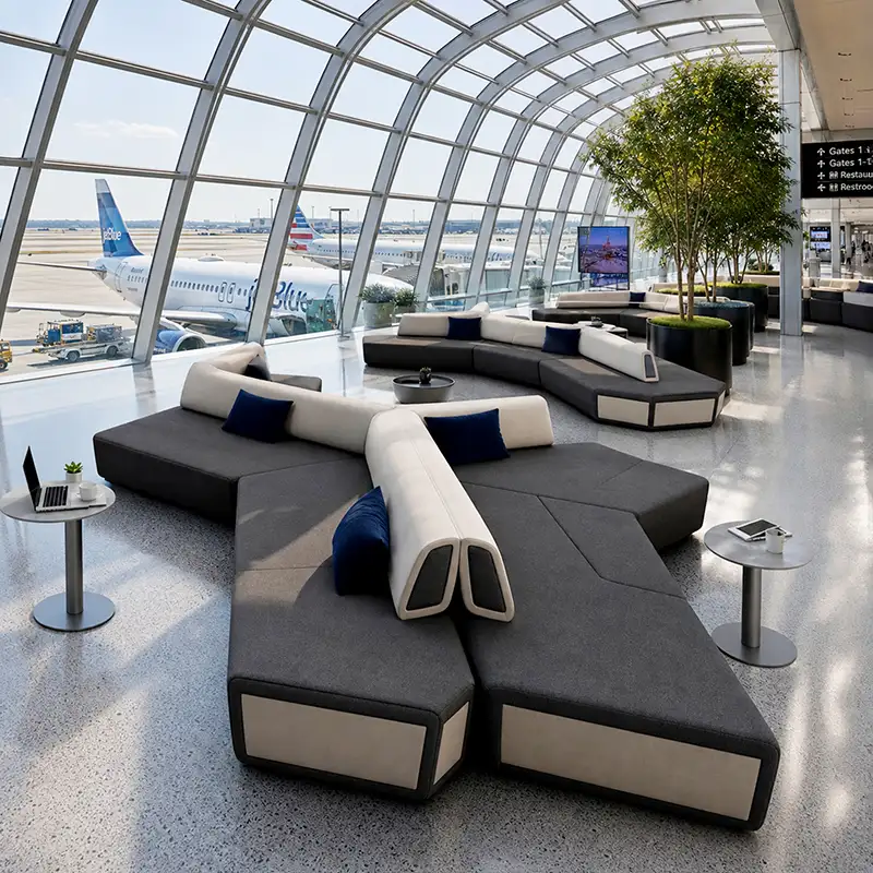 fabric banquette wall seating for newyork airport check in queue area with space saving linear design