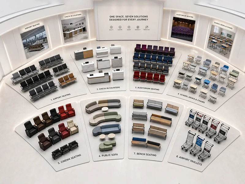 flya-service-comprehensive-product-range-showroom Flya manufacture and supply airport seating, auditorium seating, school desks and chairs, leisure seating and teaching chairs, as well as complementary products such as airport counters and trolleys for projects.