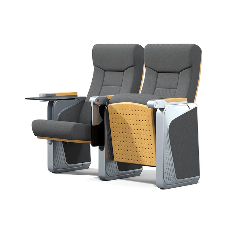 Auditorium chair with foldable writing tablet for lecture hall and exam room use.