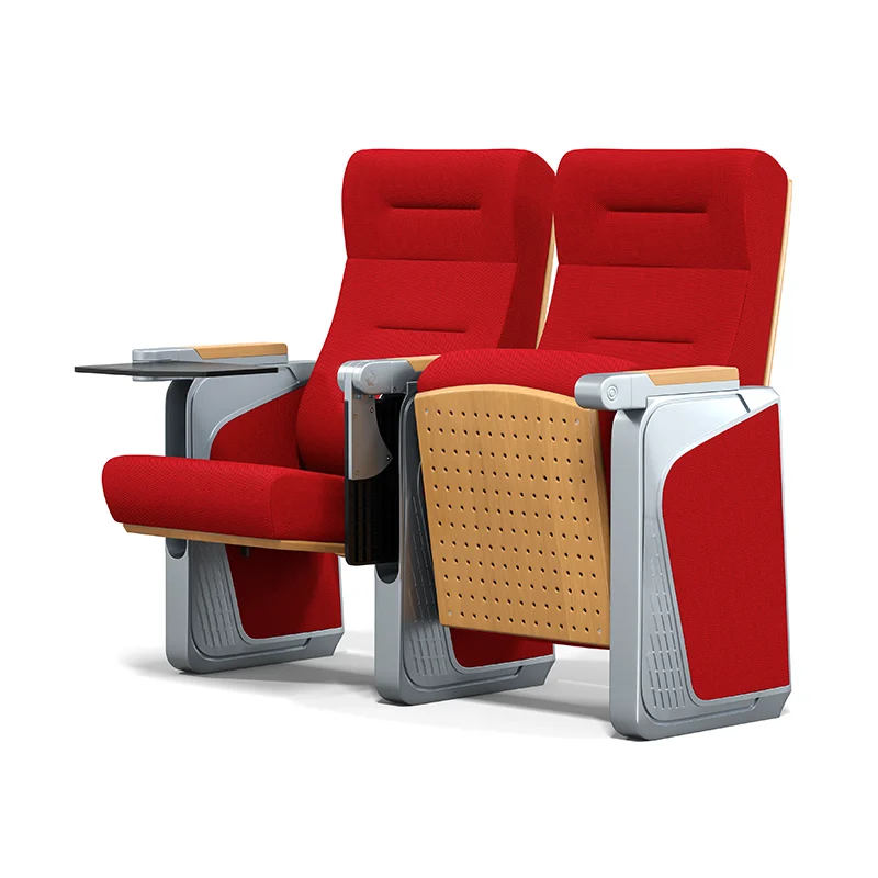 Auditorium chair with foldable writing tablet for lecture hall and exam room use.