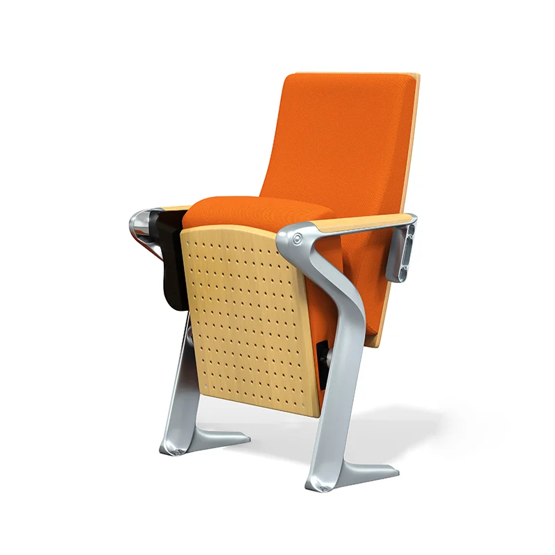 Auditorium chair with foldable writing tablet for lecture hall and exam room use.