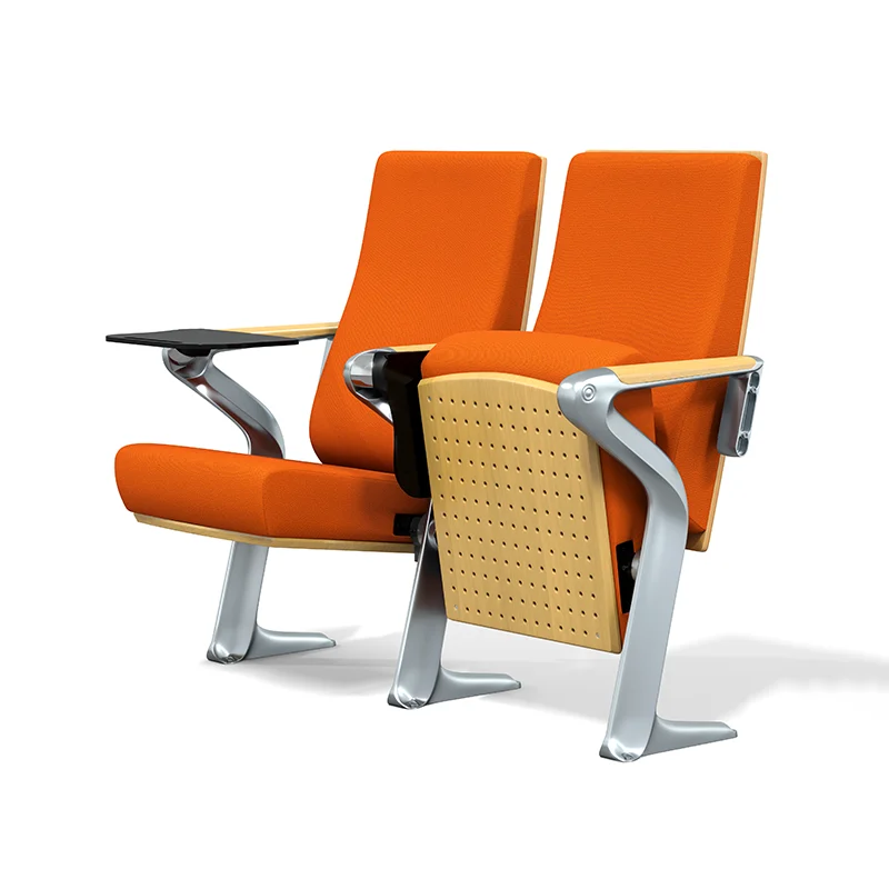 Auditorium chair with foldable writing tablet for lecture hall and exam room use.