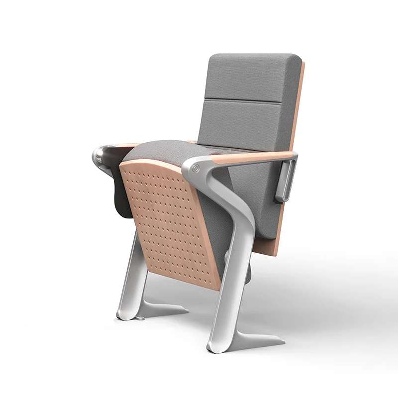 Auditorium chair with foldable writing tablet for lecture hall and exam room use.