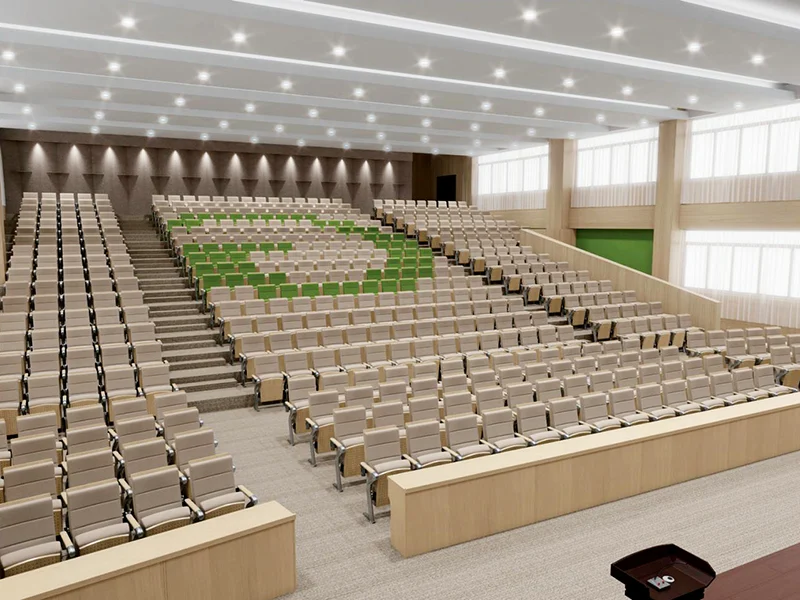 Auditorium chair with foldable writing tablet for lecture hall and exam room use.