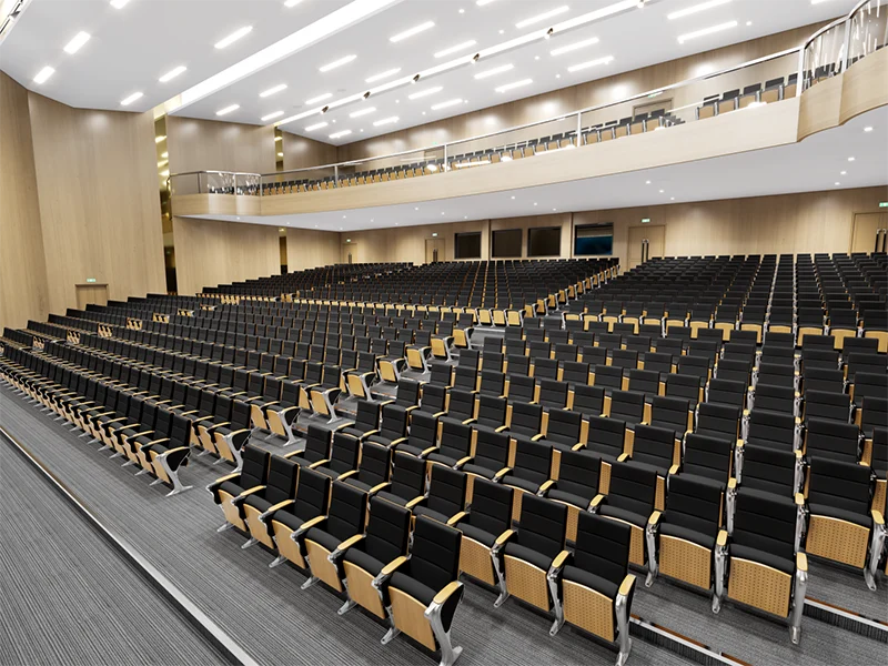 Auditorium chair with folding system for space saving in multi purpose hall and school.