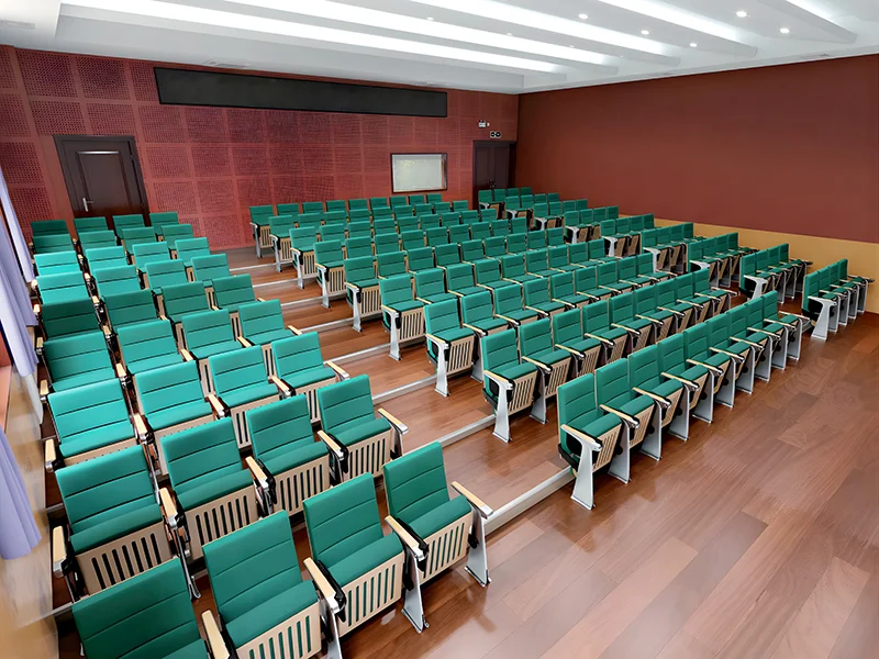 Complete auditorium seating chair with gravity lift for maintenance access.