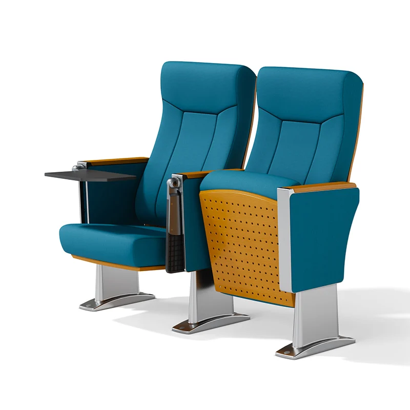 Complete auditorium seating chair with gravity lift for maintenance access.