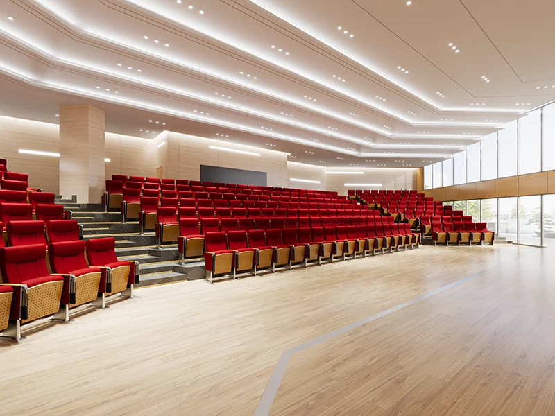 foldable-fabric-auditorium-chair-h8033-7 Complete auditorium seating chair with gravity lift for maintenance access.