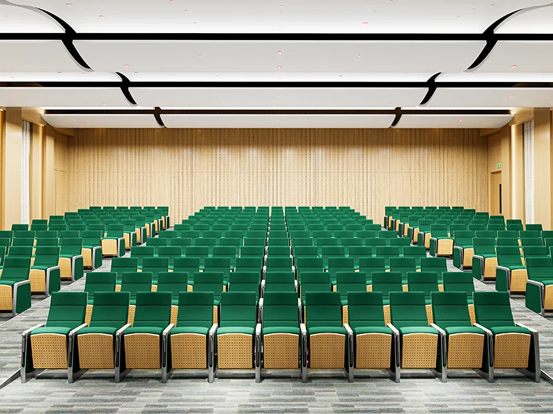 foldable-fabric-auditorium-chair-h8038-6 Auditorium chair with folding system for space saving in multi purpose hall and school.