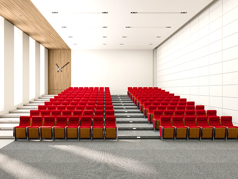 Auditorium chair with folding system for space saving in multi purpose hall and school.
