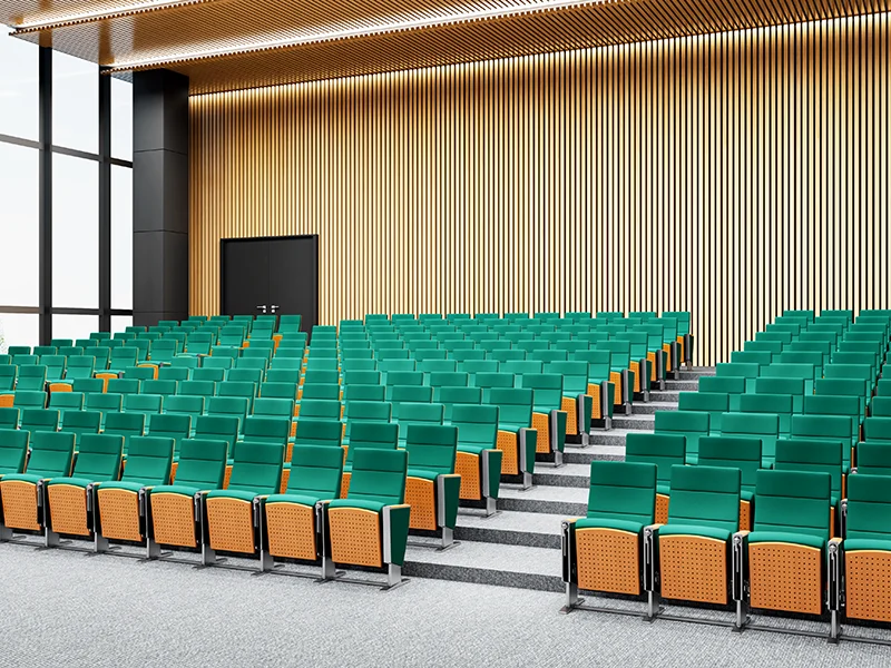 Auditorium chair with folding system for space saving in multi purpose hall and school.