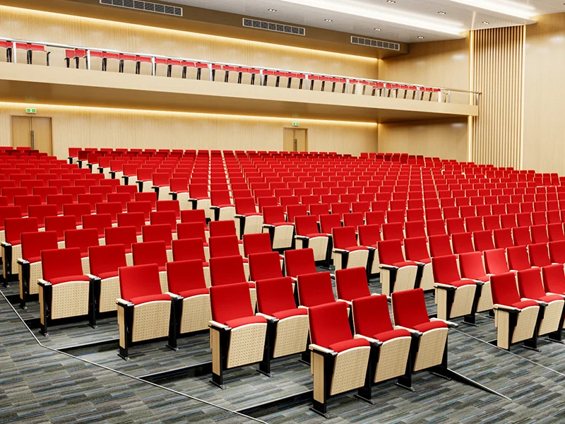foldable-fabric-auditorium-chair-h8040-6 Auditorium chair with folding system for space saving in multi purpose hall and school.