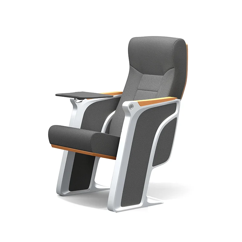 Auditorium chair with foldable writing tablet for lecture hall and exam room use.
