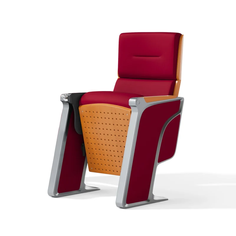Auditorium chair with foldable writing tablet for lecture hall and exam room use.