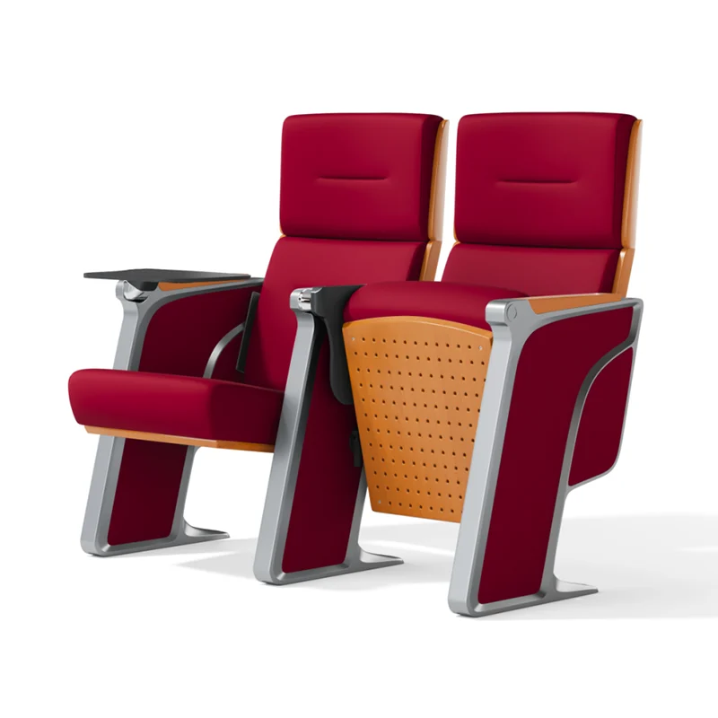 Auditorium chair with foldable writing tablet for lecture hall and exam room use.