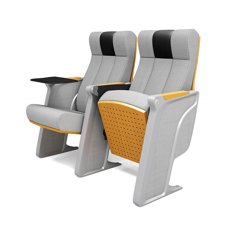 Auditorium chair with foldable writing tablet for lecture hall and exam room use.