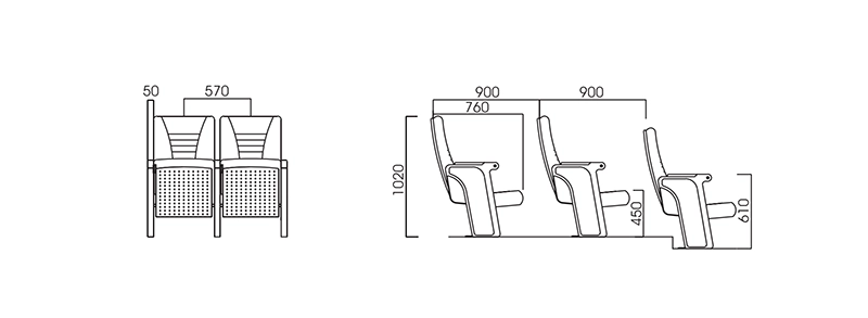 Auditorium chair with foldable writing tablet for lecture hall and exam room use.