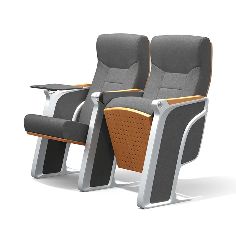 Auditorium chair with foldable writing tablet for lecture hall and exam room use.