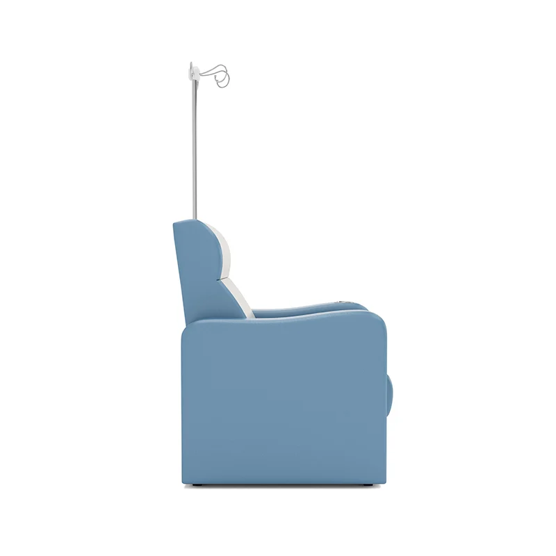 hospital chair equipped with dual iv pole hooks for hanging multiple fluid bags simultaneously.