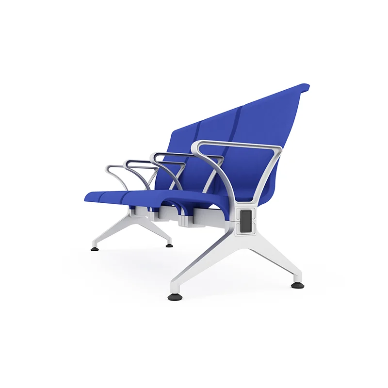 Hospital waiting chair with integrated IV pole holder for infusion patient convenience.