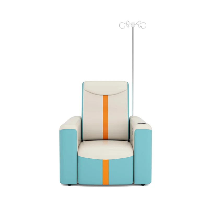 angle shot of hospital infusion chair showing integrated iv pole holder and heavy-duty steel base.