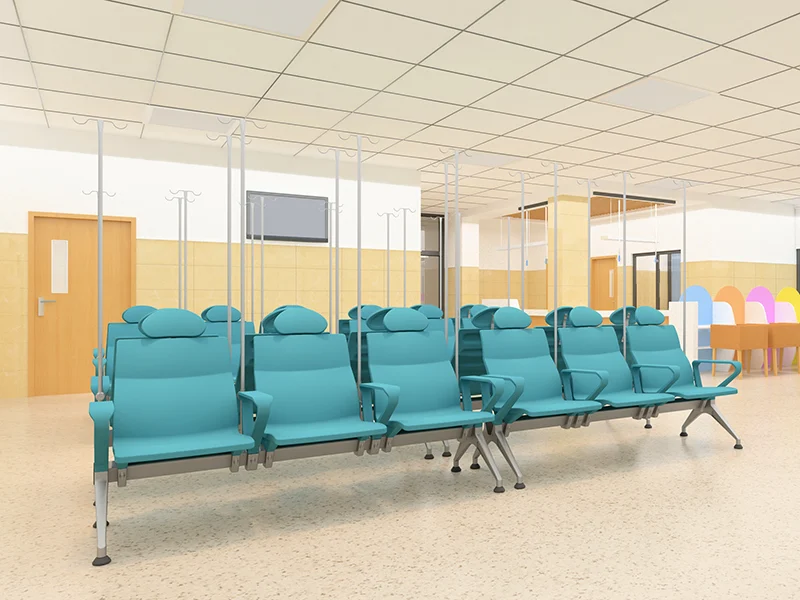 blue pu hospital infusion chair with black armrests and fixed non-caster base for safe floor use.