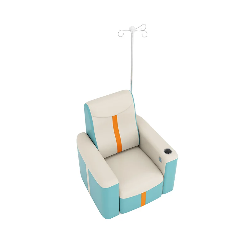 front view of hospital treatment chair showing ergonomic seat curve and stainless steel frame construction.