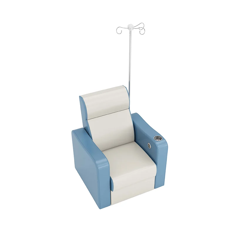 detail of manual recline lever on infusion chair side for simple one-hand operation by patient.