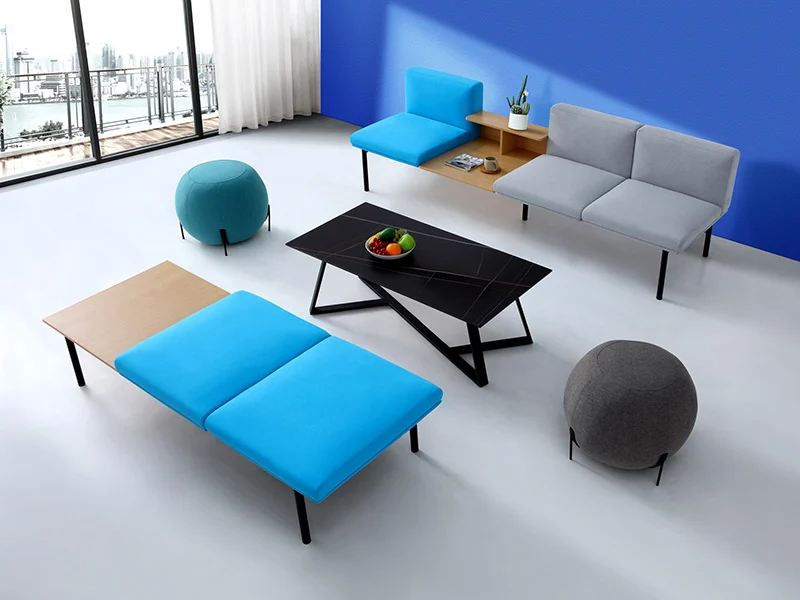 3-seater leather waiting bench with chrome sled base and padded armrests, modern commercial seating for corporate office lobbies and executive reception.
