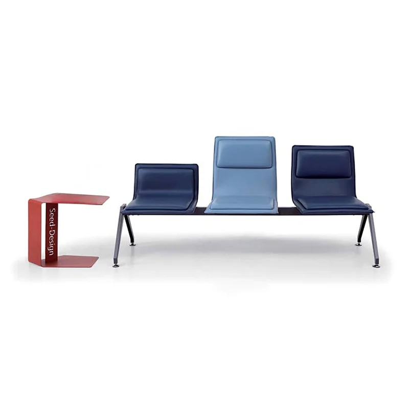 3-seater leather bench with attached side tables between seats, luxury airport lounge seating for business class waiting and VIP areas.